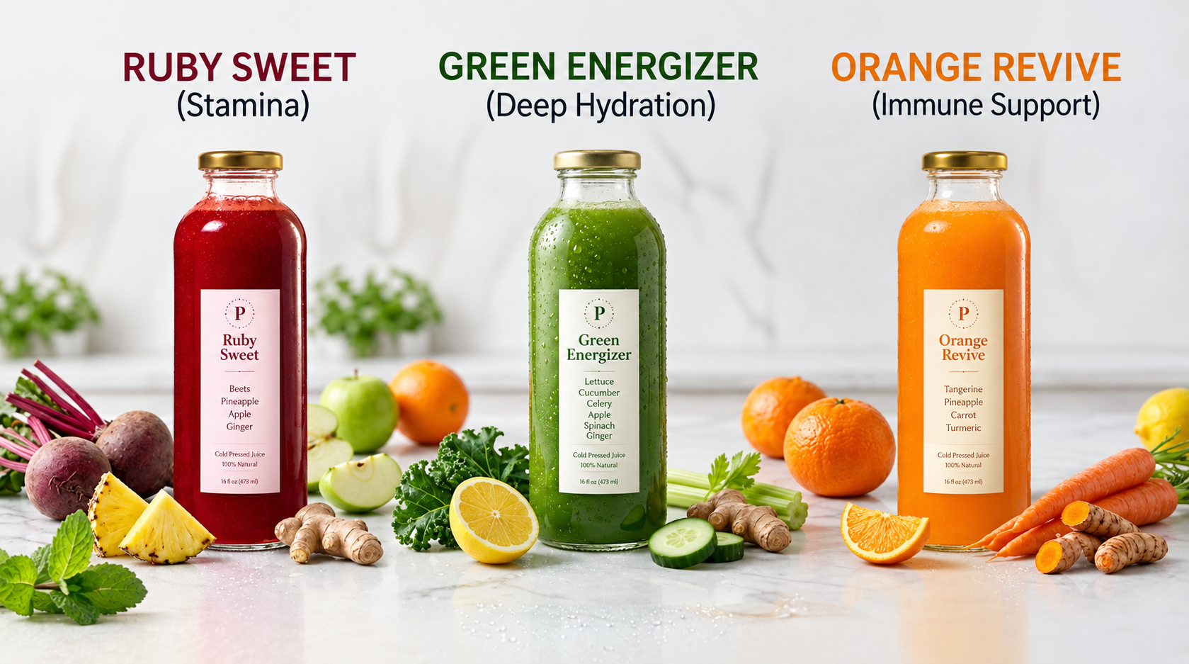 Sweet Beet, Super Green, and Turbo Tangerine cold-pressed juices